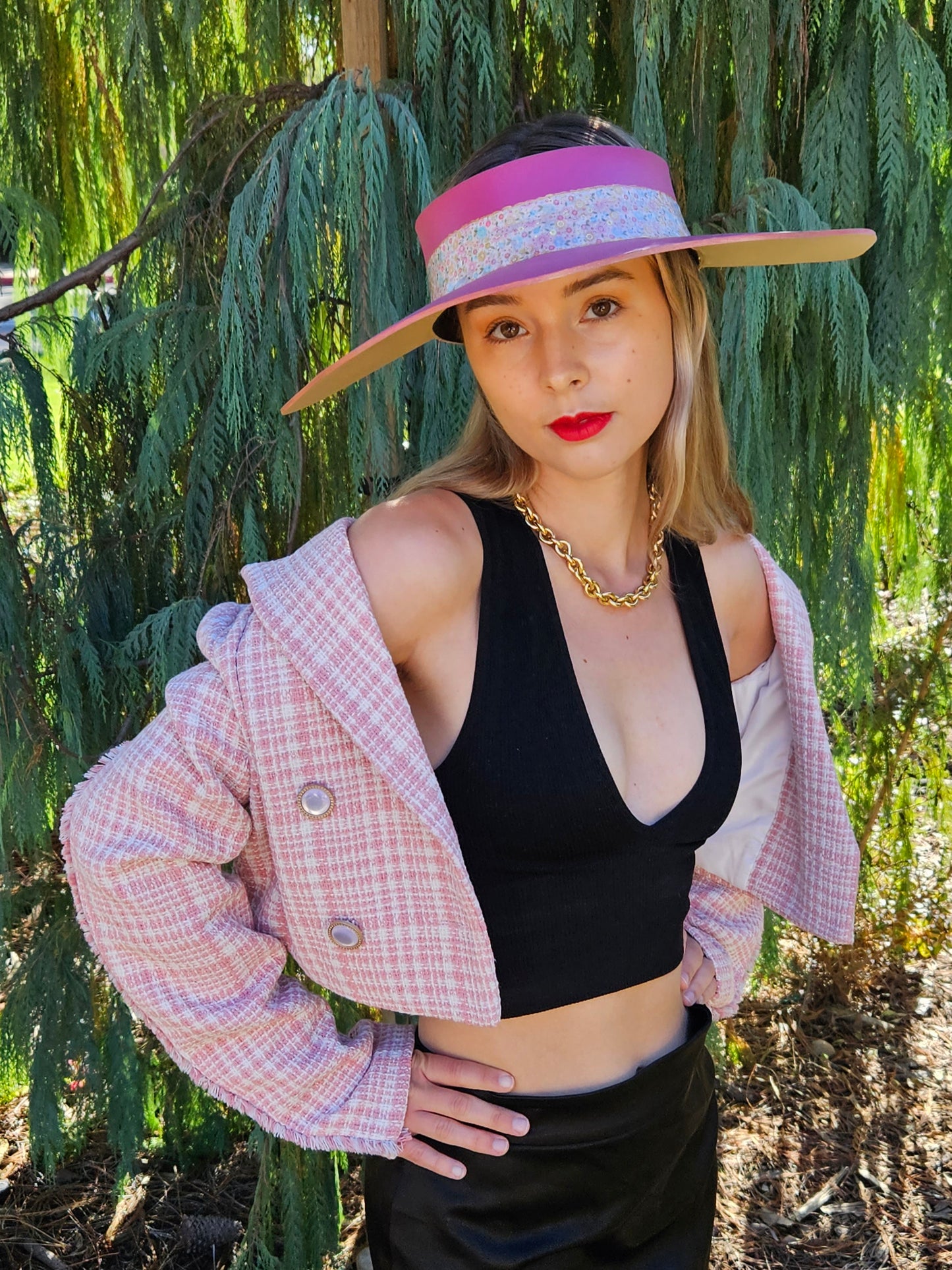 Pink Lotus Visor Hat with Floral Band and Handpainted Floral Motif