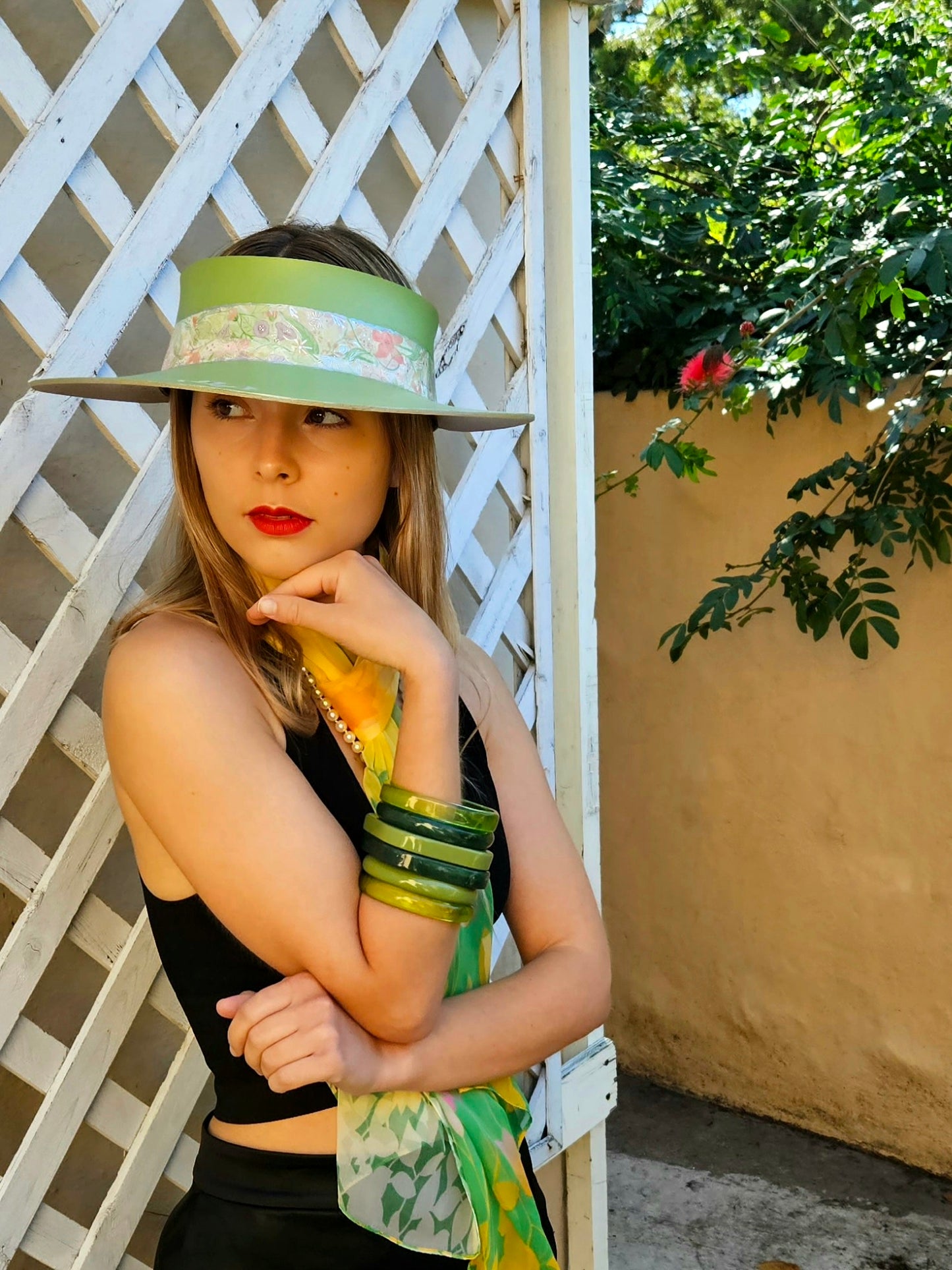 Spring/Summer Audrey Foam Sun Visor Hat with Bright Pastel Garden Band and Handpainted Floral Motif: Derby, Church, Golf, Pool, UV Resistant, No Headache