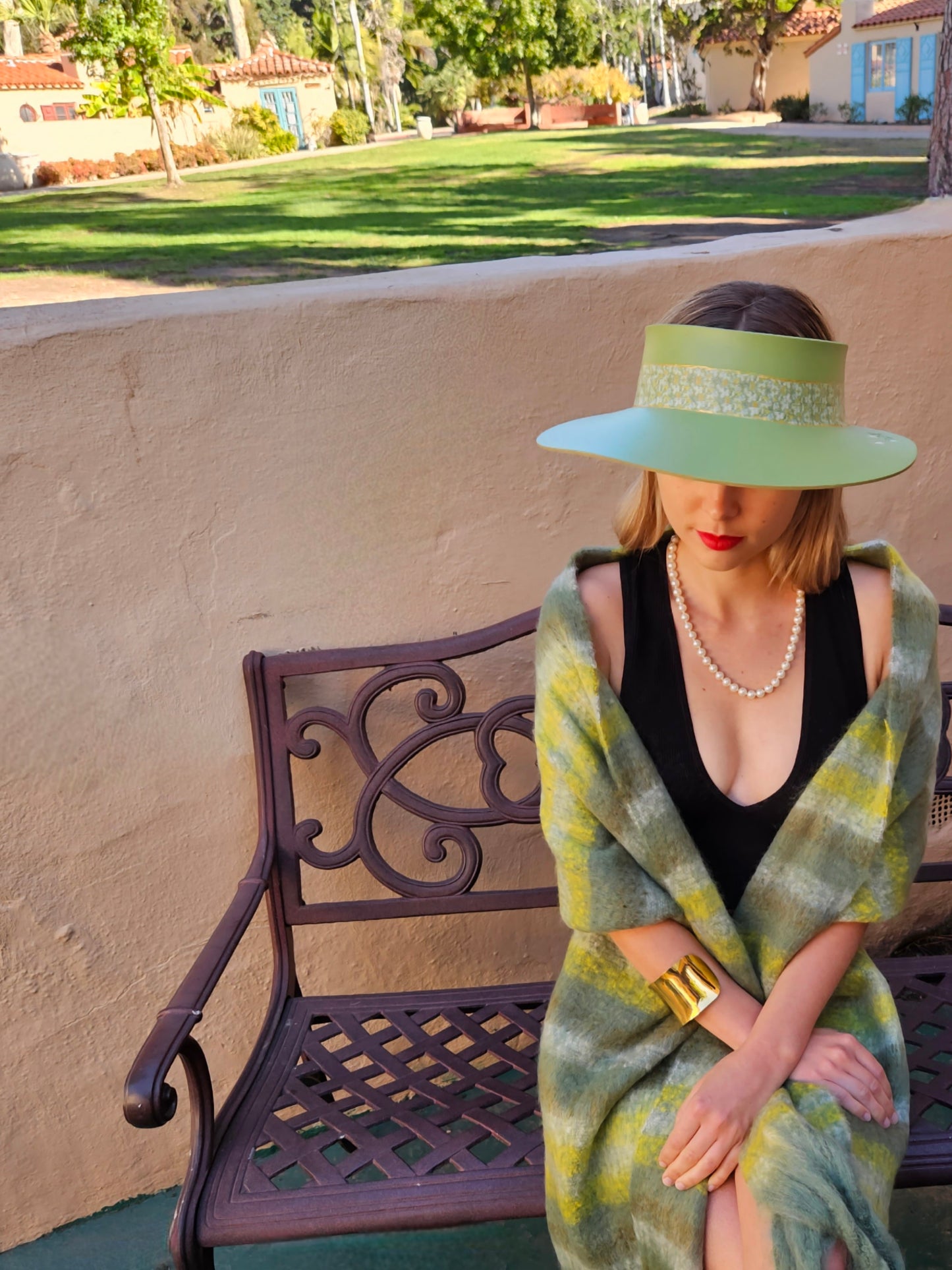 Spring/Summer Green Audrey Foam Sun Visor Hat with Green Floral Band and Handpainted Motif: Garden, Golf, Pool, UV Resistant, No Headache