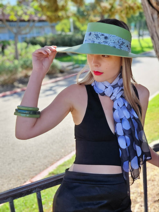 Spring/Summer Green Lotus Foam Sun Visor Hat with Black and White Floral Band: Big Brim, Golf, Easter, UV Resistant, No Headache