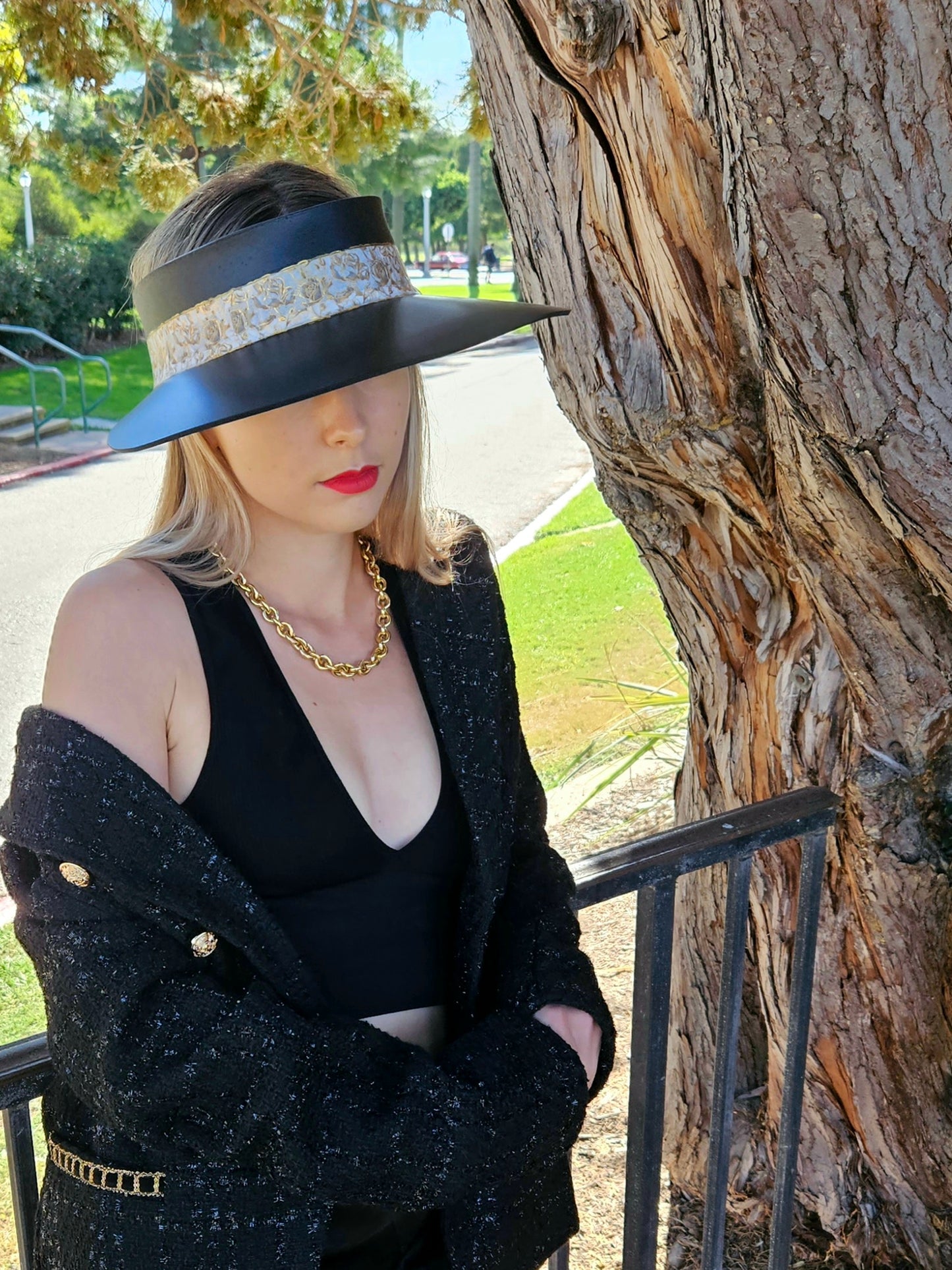Black "LadyEVA" Visor Hat with Golden Floral Band