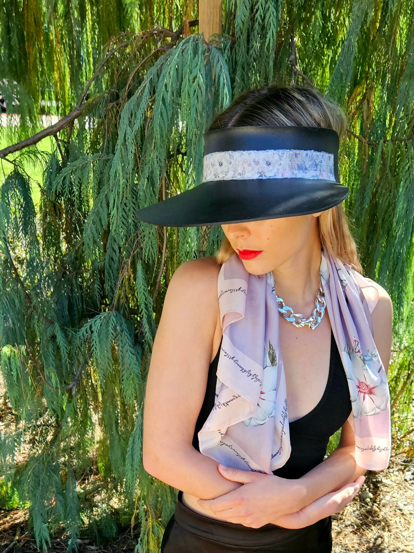 Timeless Black Audrey Foam Sun Visor Hat with Pale Pink Floral Band: Big Brim, Swim, Pool, UV Resistant, No Headache