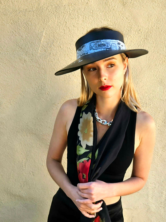 Timeless Black Audrey Sun Visor Hat with French Themed Band and HandPainted Floral Motif: Walks, Garden Parties, UV Resistant