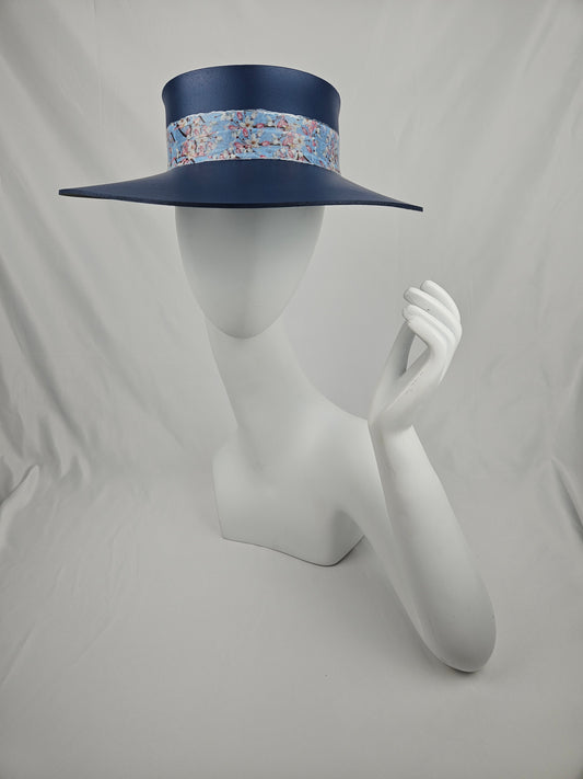 Tall Classic Navy Audrey Foam Sun Visor Hat with Floral Band: Big Brim, Pickleball, Pool, UV Resistant, No Headache