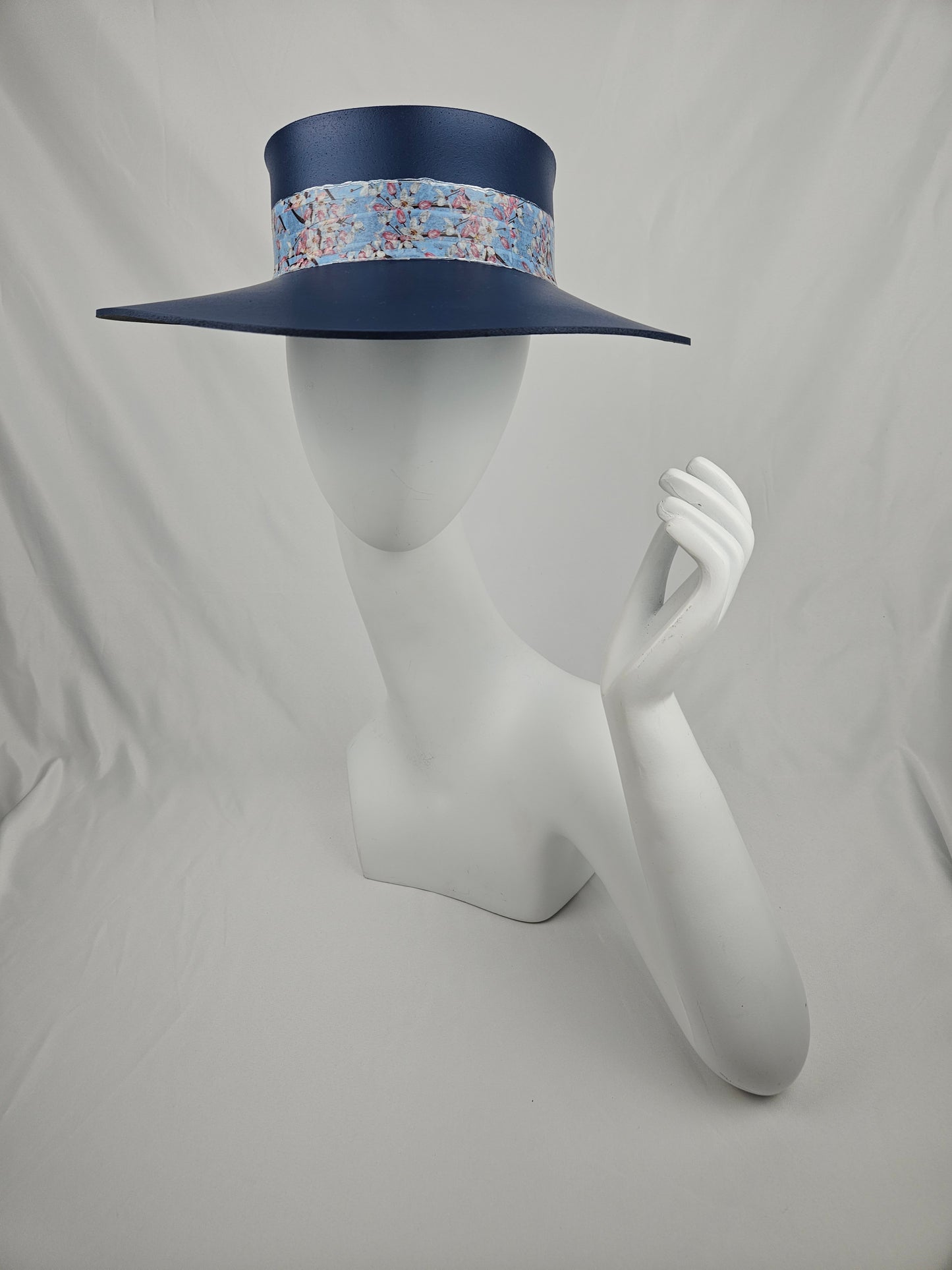 Tall Navy Blue "LadyEVA" Visor Hat with Pink and Blue Floral Band