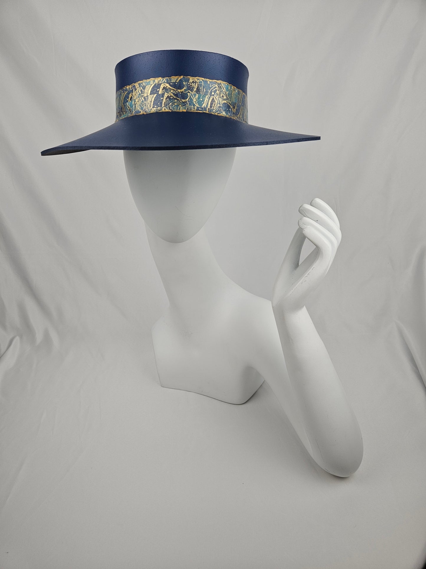 Classic Navy Audrey Foam Sun Visor Hat with Golden Marbled Band: Big Brim, Golf, Swim, UV Resistant, No Headache