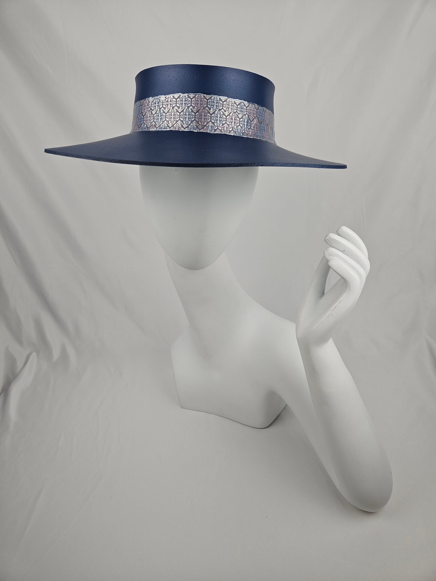Classic Navy Audrey Foam Sun Visor Hat with Silver Geometric Band and Handpainted Floral Motif: Big Brim, Golf, Swim, UV Resistant, No Headache