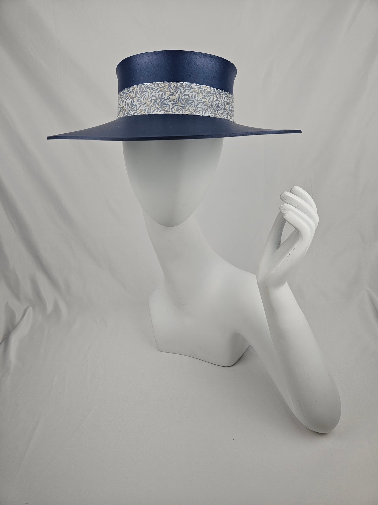 Classic Navy Audrey Foam Sun Visor Hat with Silver Leaf Patterned Band and Handpainted Floral Motif: Big Brim, Golf, Swim, UV Resistant, No Headache