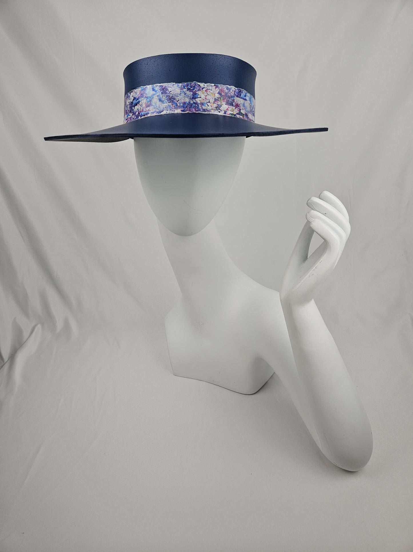 Classic Navy Audrey Foam Sun Visor Hat with Blue and Purple Floral Band: Big Brim, Golf, Swim, UV Resistant, No Headache