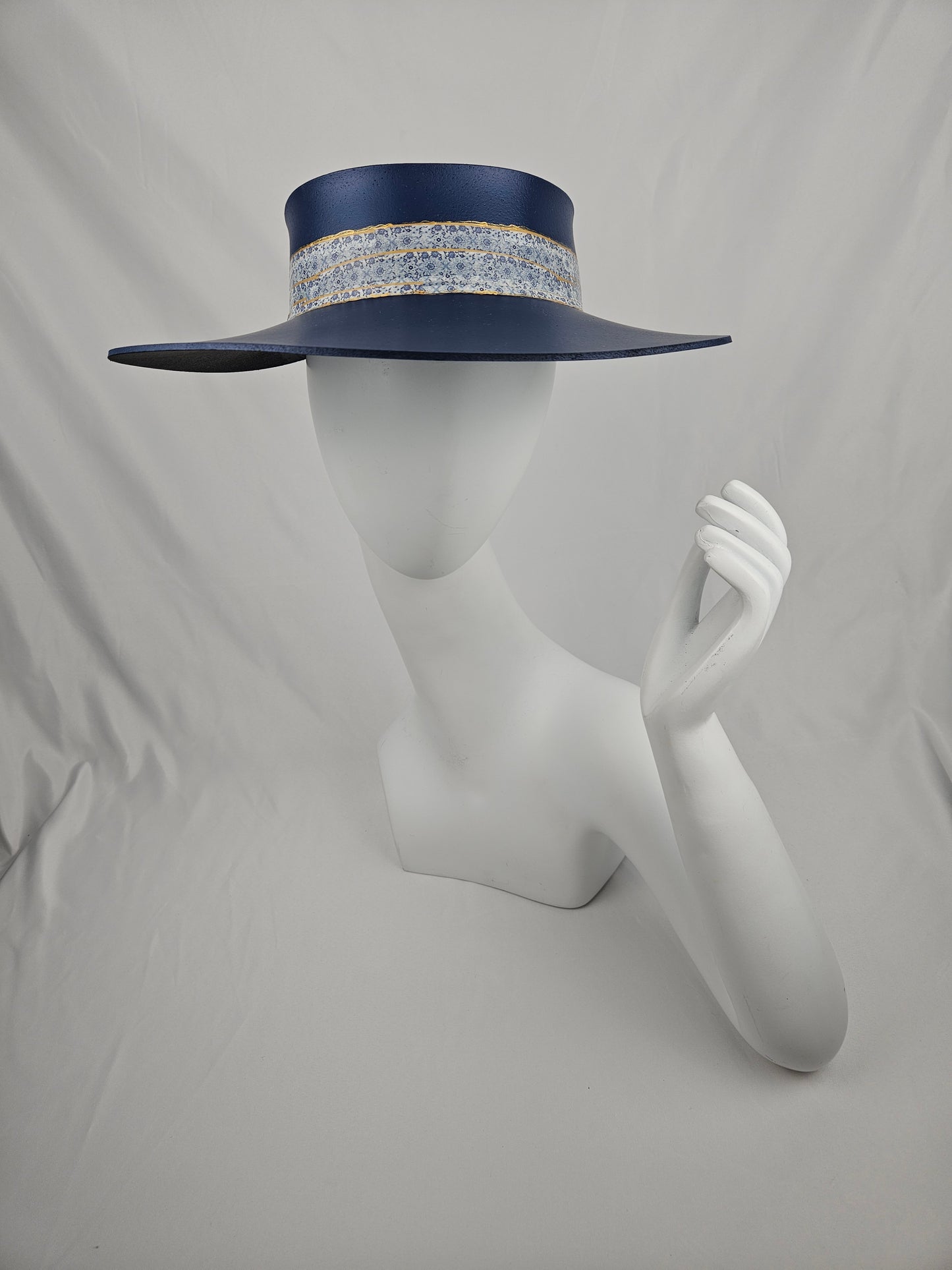 Classic Navy Audrey Foam Sun Visor Hat with Blue and Gold Geometric Band: Big Brim, Golf, Swim, UV Resistant, No Headache