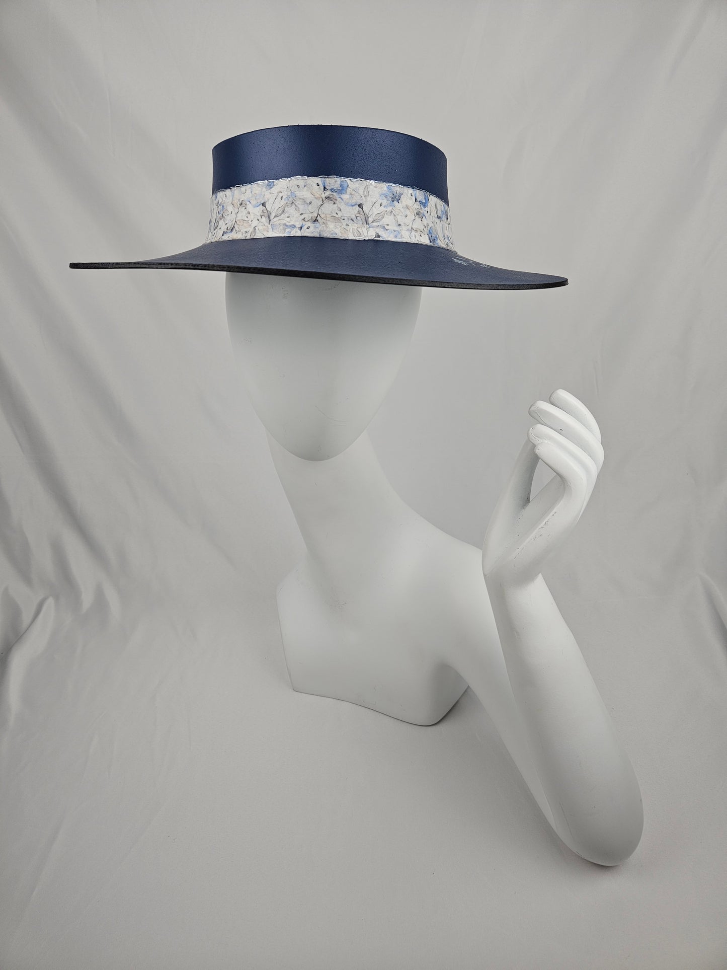 Classic Navy Audrey Foam Sun Visor Hat with Blue Floral Band and Handpainted Floral Motif: Big Brim, Golf, Swim, UV Resistant, No Headache