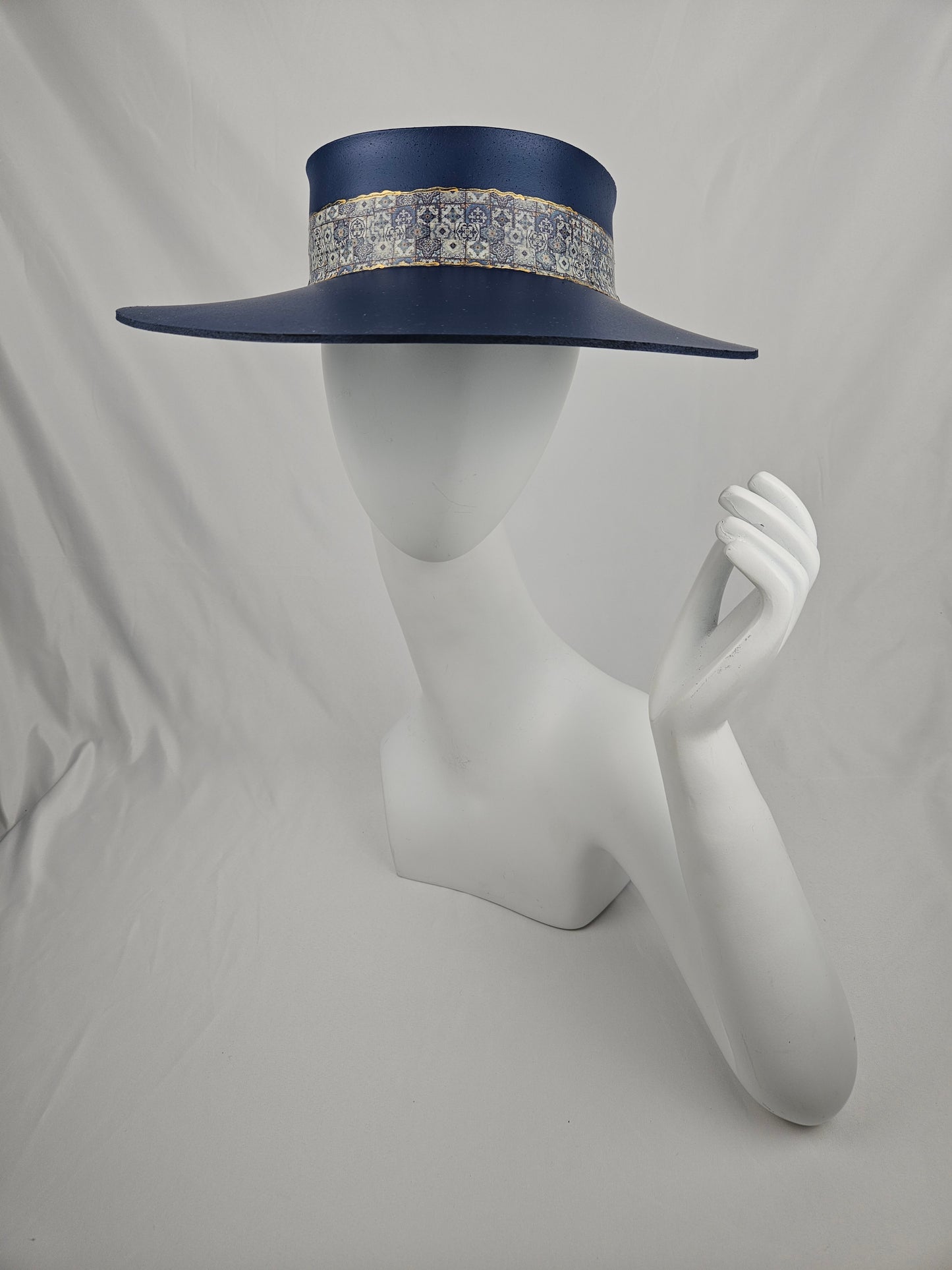 Classic Navy Audrey Foam Sun Visor Hat with Gold Geometric Band: Wide Brim, Golf, Swim, UV Resistant, No Headache