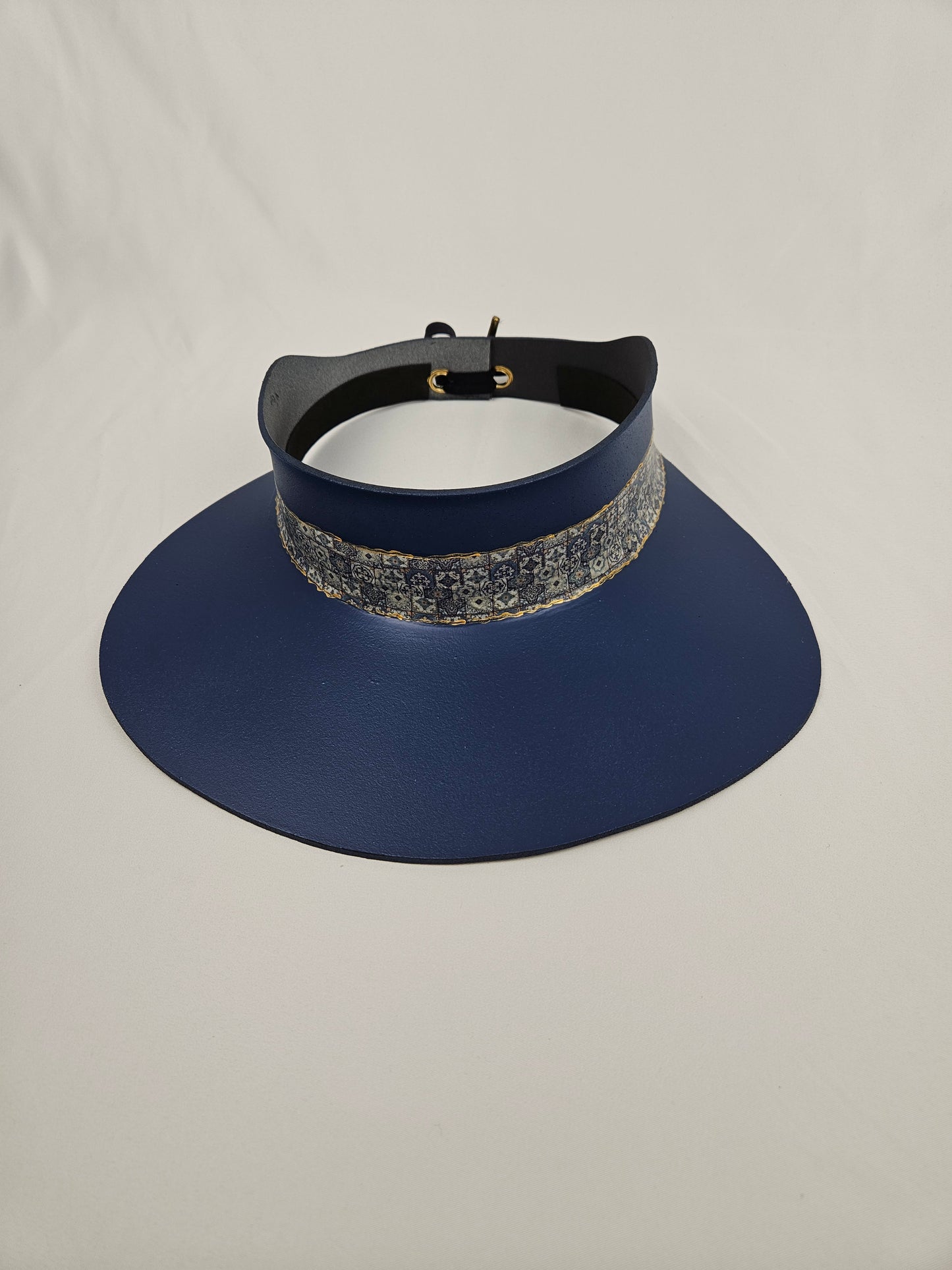 Classic Navy Audrey Foam Sun Visor Hat with Gold Geometric Band: Wide Brim, Golf, Swim, UV Resistant, No Headache