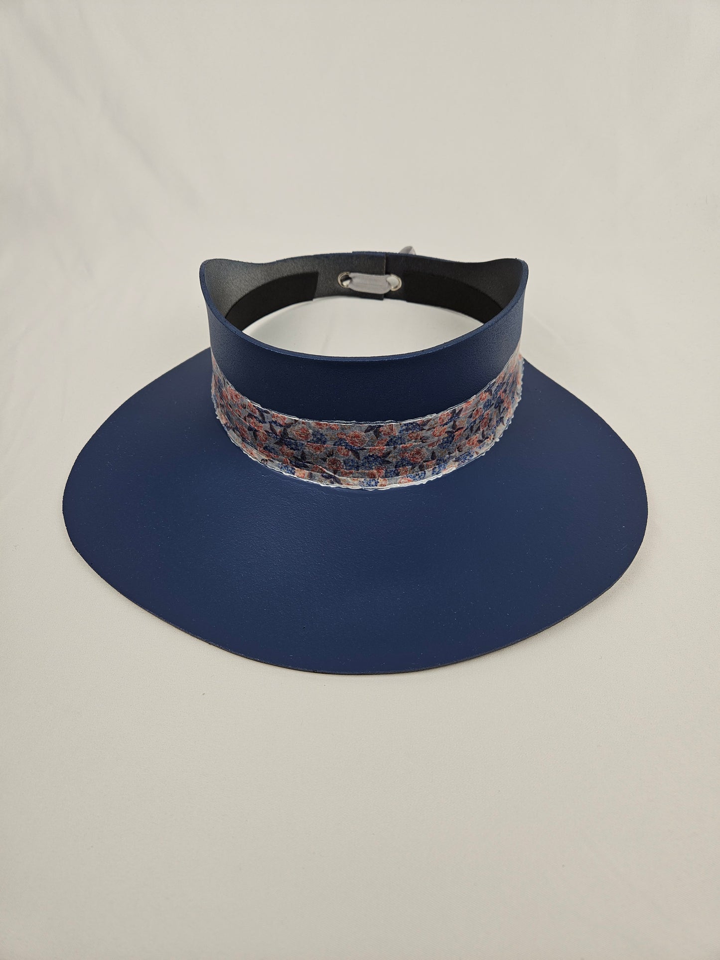 Tall Classic Navy Audrey Foam Sun Visor Hat with Pink and Blue Floral Band: Wide Brim, Golf, Swim, UV Resistant, No Headache
