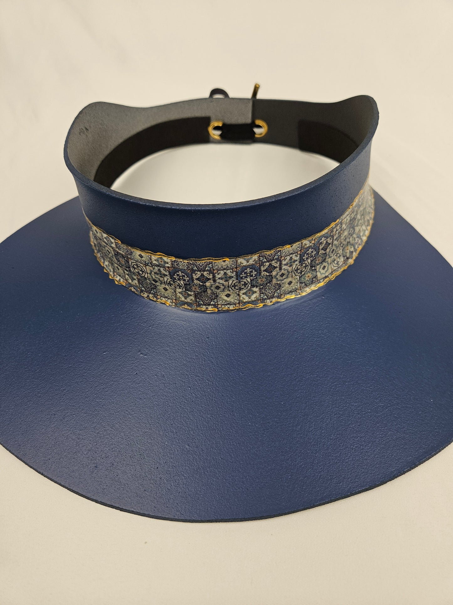 Classic Navy Audrey Foam Sun Visor Hat with Gold Geometric Band: Wide Brim, Golf, Swim, UV Resistant, No Headache