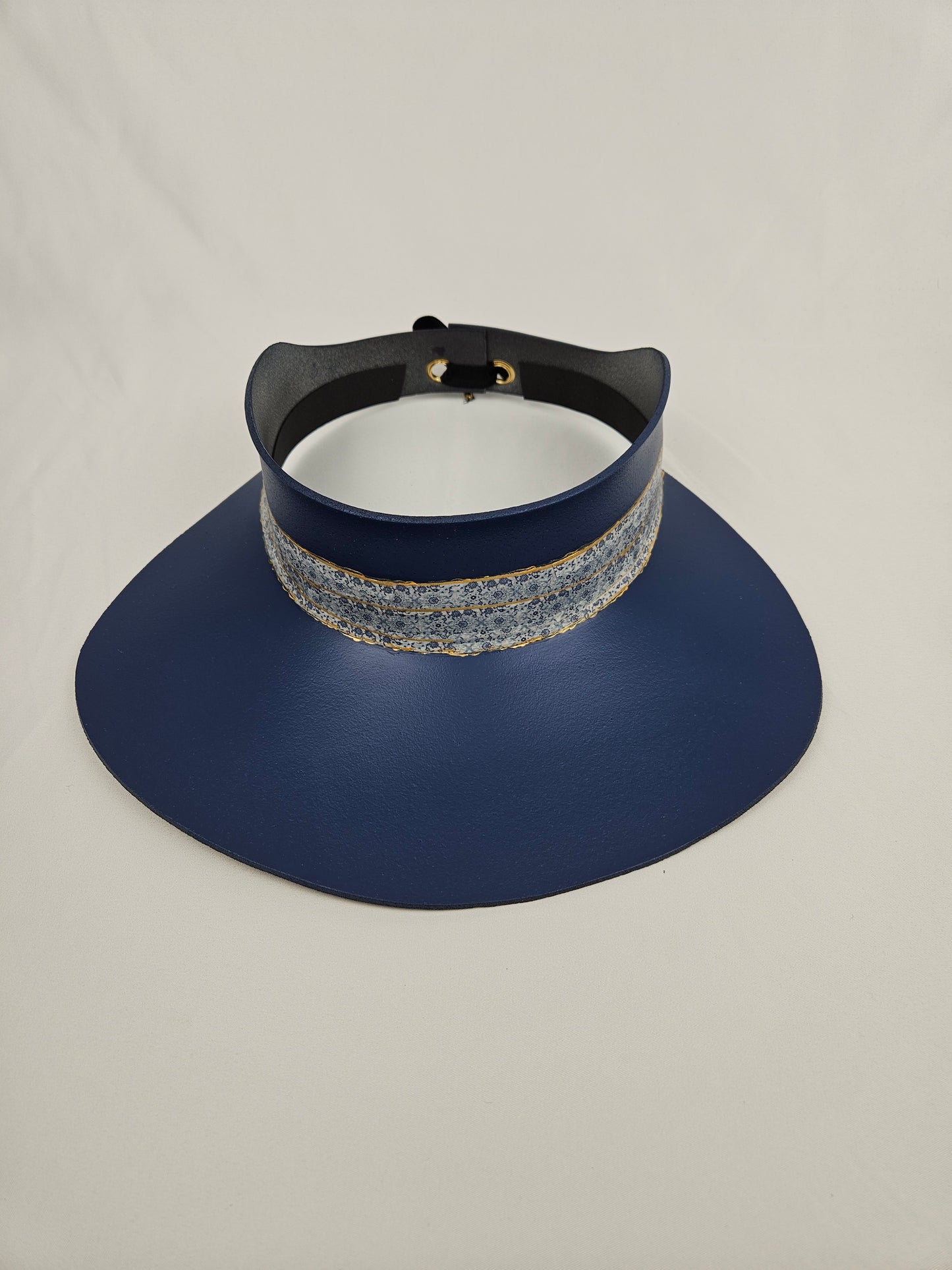 Classic Navy Audrey Foam Sun Visor Hat with Blue and Gold Geometric Band: Big Brim, Golf, Swim, UV Resistant, No Headache