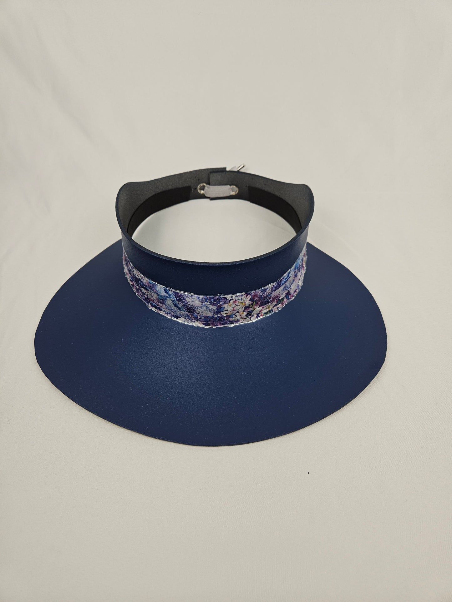 Classic Navy Audrey Foam Sun Visor Hat with Blue and Purple Floral Band: Big Brim, Golf, Swim, UV Resistant, No Headache