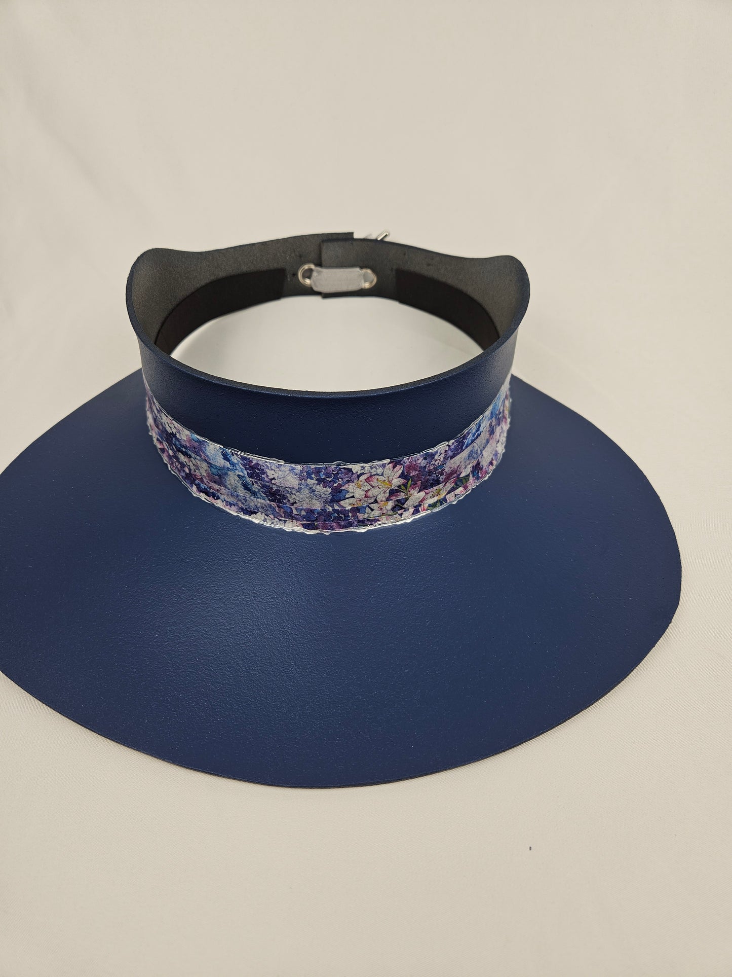 Classic Navy Audrey Foam Sun Visor Hat with Blue and Purple Floral Band: Big Brim, Golf, Swim, UV Resistant, No Headache