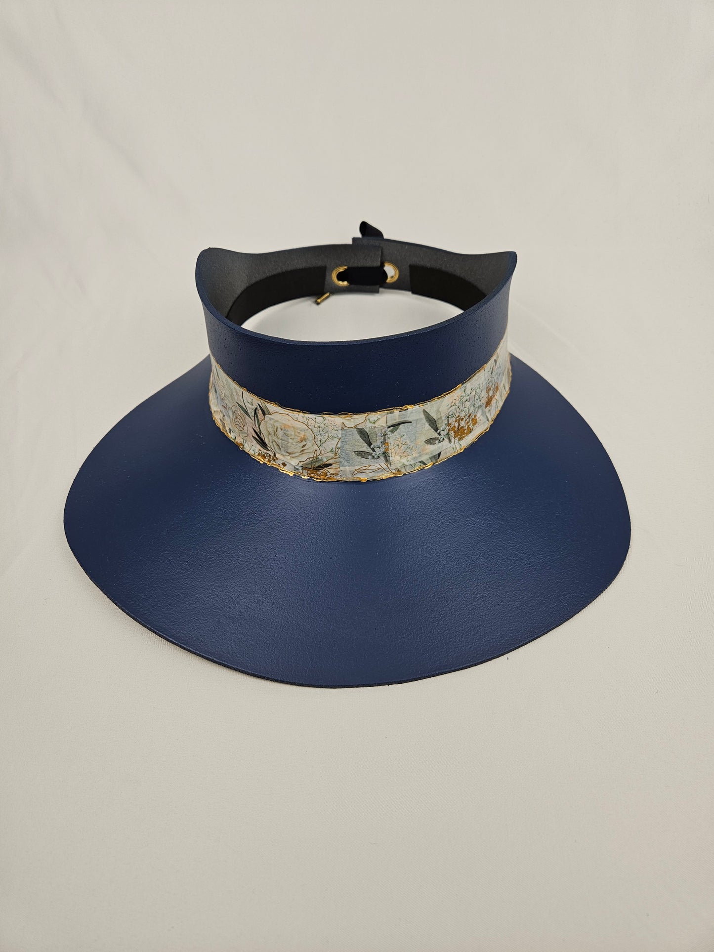 Tall Classic Navy Audrey Foam Sun Visor Hat with Golden Floral Band: Big Brim, Golf, Swim, UV Resistant, No Headache