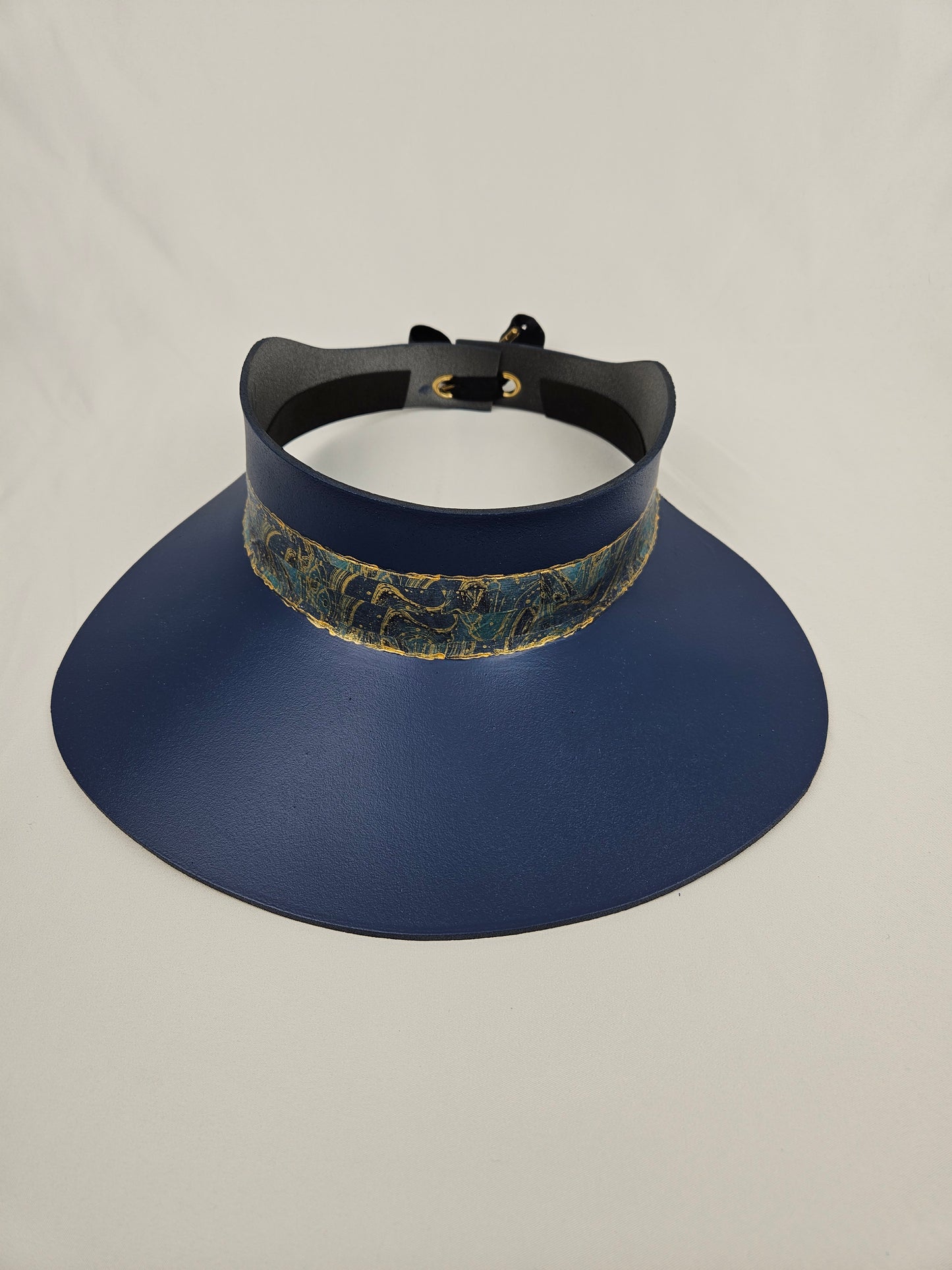 Classic Navy Audrey Foam Sun Visor Hat with Golden Marbled Band: Big Brim, Golf, Swim, UV Resistant, No Headache