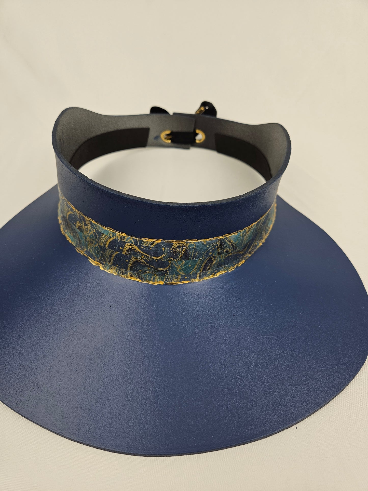 Classic Navy Audrey Foam Sun Visor Hat with Golden Marbled Band: Big Brim, Golf, Swim, UV Resistant, No Headache