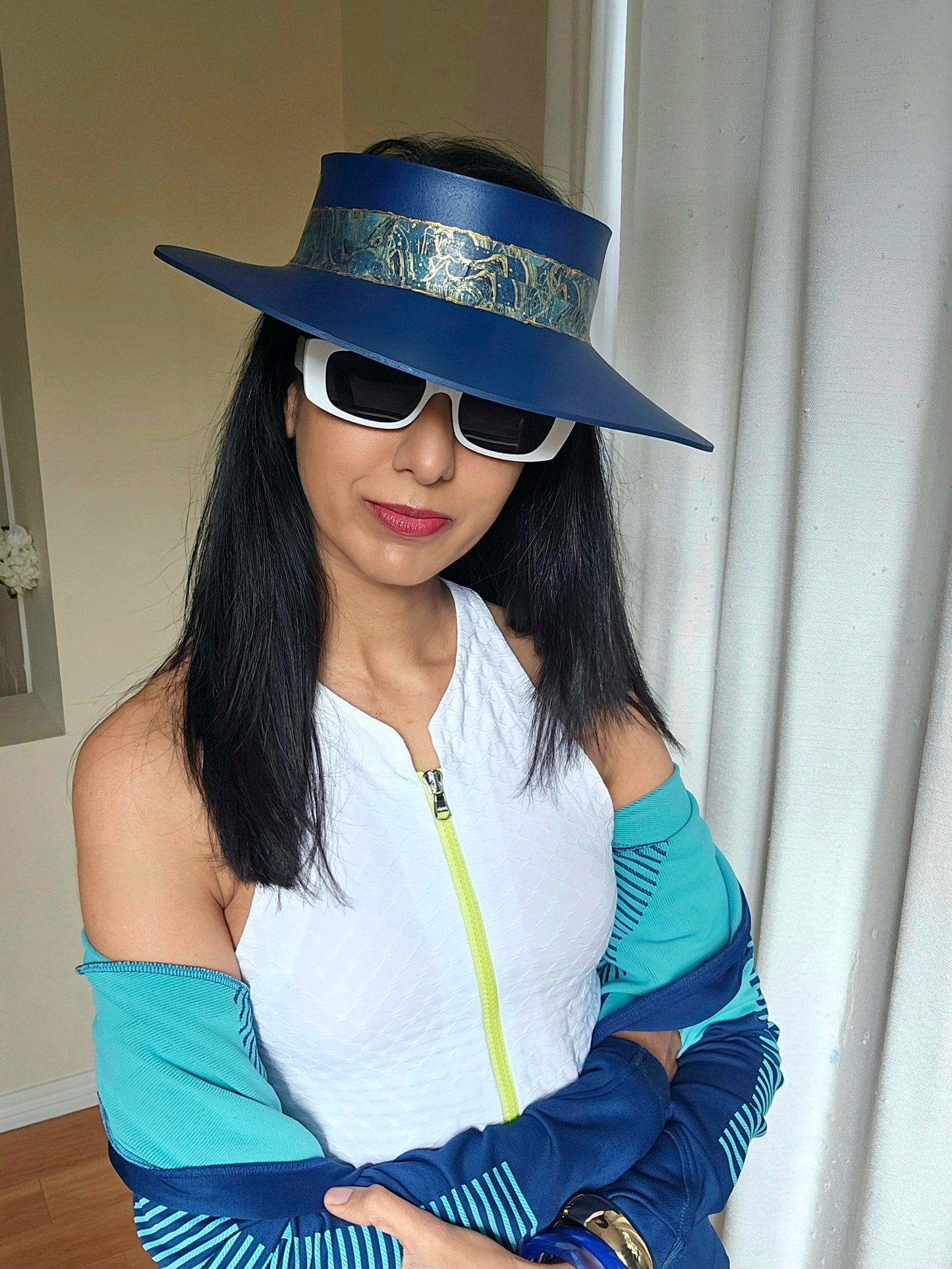 Navy Blue "LadyEVA" Visor Hat with Golden Marbled Band