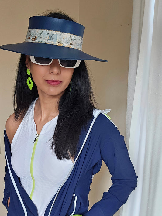 Tall Navy Blue "LadyEVA" Visor Hat with Golden Floral Band