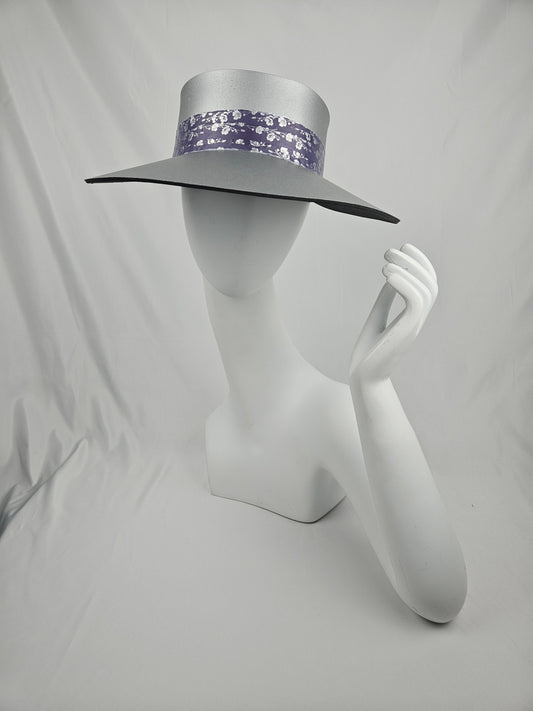 Trending Silver Audrey Foam Sun Visor Hat with Blue/Purple Floral Band: Easter, Church, Derby, Big Brim, Golf, Pool, Faux Leather, No Headache