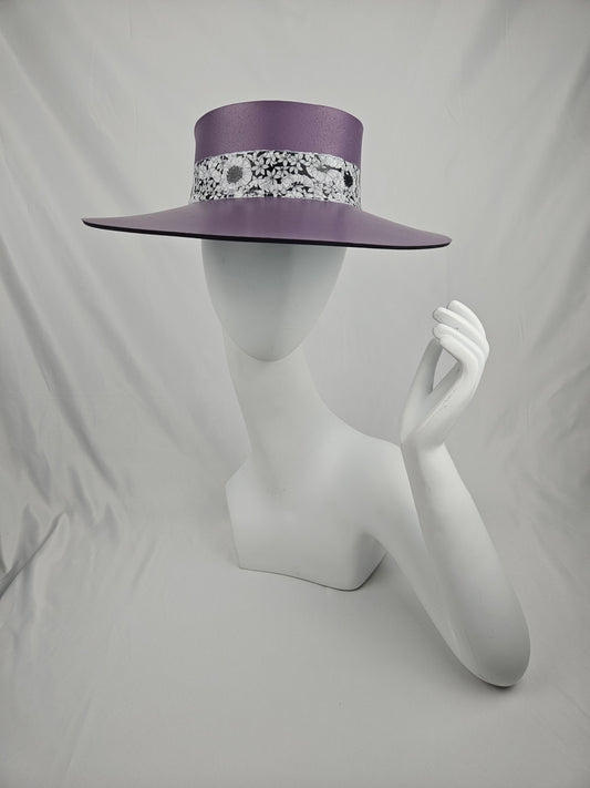 Tall Trending Purple Audrey Foam Sun Visor Hat with Black and White Floral Band: Church, Brunch, Derby, Garden, Golf, Pool, Faux Leather, No Headache