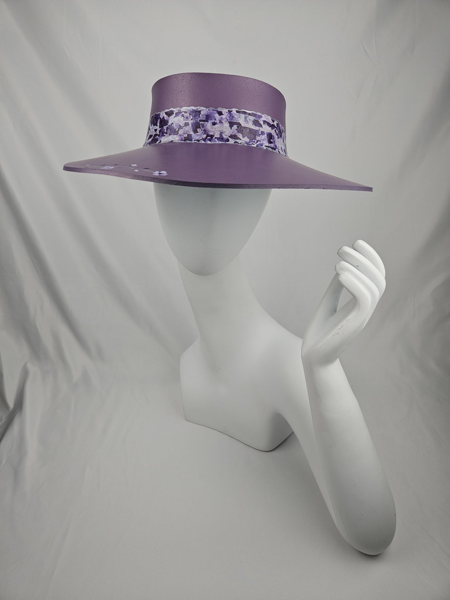 Trending Purple Audrey Foam Sun Visor Hat with Elegant Dark Purple Floral Band and Handpainted Floral Motif: Church, Brunch, Derby, Garden, Beach, Pool, Asian, No Headache