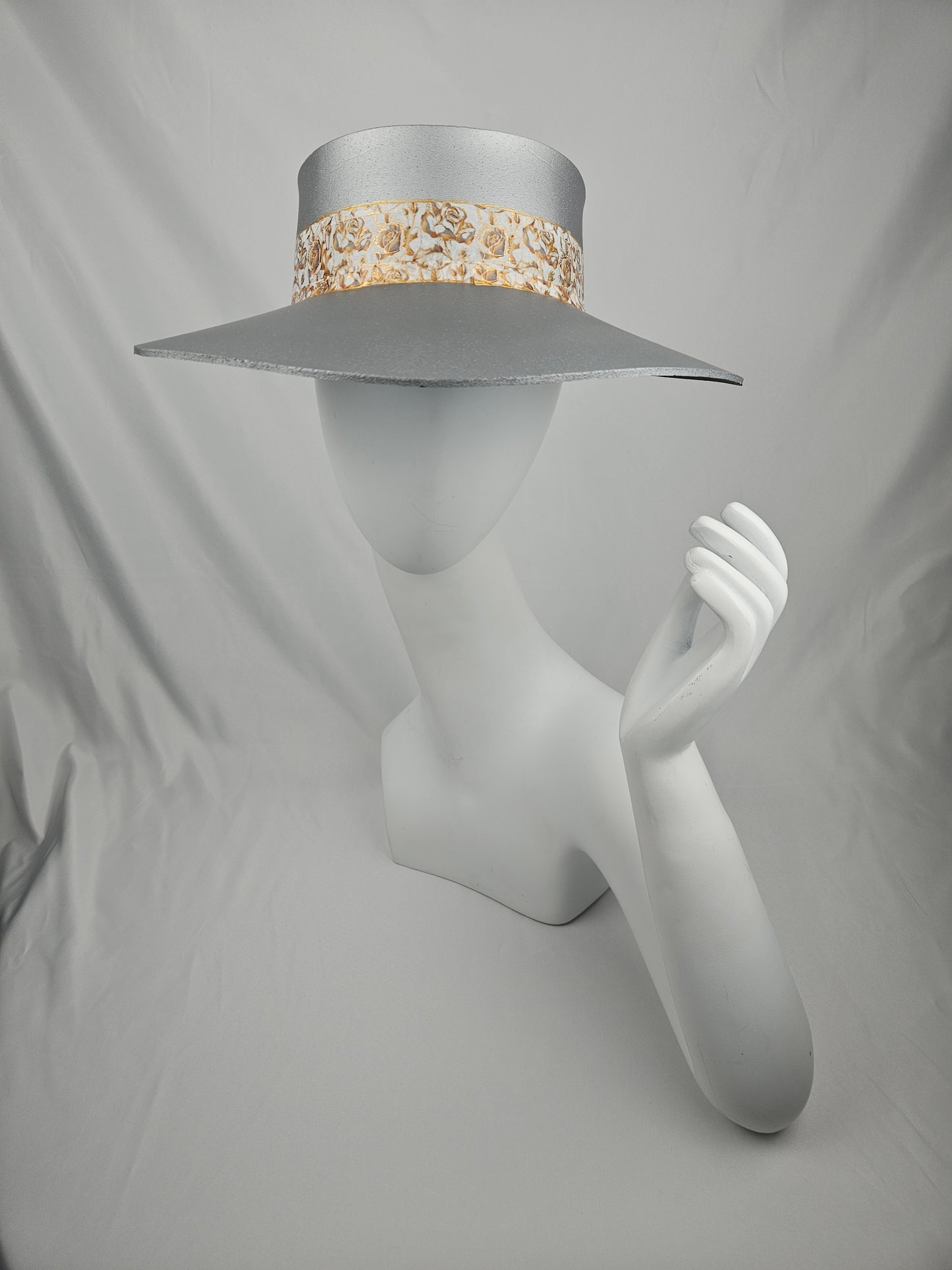 Trending Silver Audrey Foam Sun Visor Hat with Elegant Golden Floral Band and Handpainted Floral Motif: Church, Brunch, Derby, Garden, Beach, Pool, Asian, No Headache