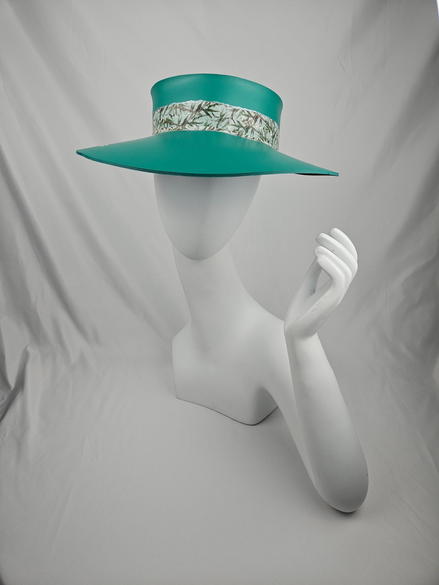 Trending Emerald Green Audrey Foam Sun Visor Hat with Elegant Leaf Themed Band and Handpainted Floral Motif: Church, Brunch, Derby, Garden, Beach, Pool, Asian, No Headache