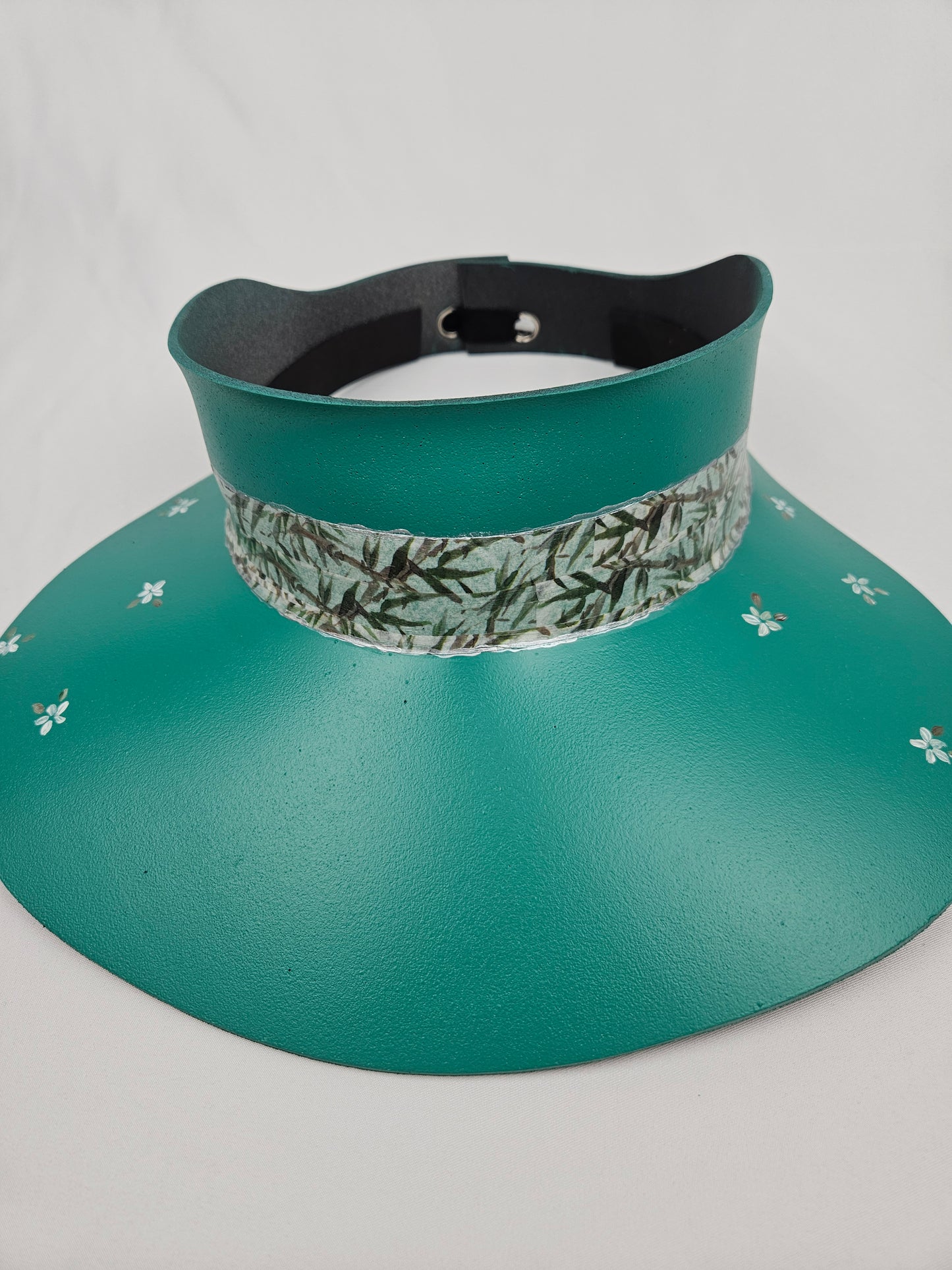 Trending Emerald Green Audrey Foam Sun Visor Hat with Elegant Leaf Themed Band and Handpainted Floral Motif: Church, Brunch, Derby, Garden, Beach, Pool, Asian, No Headache