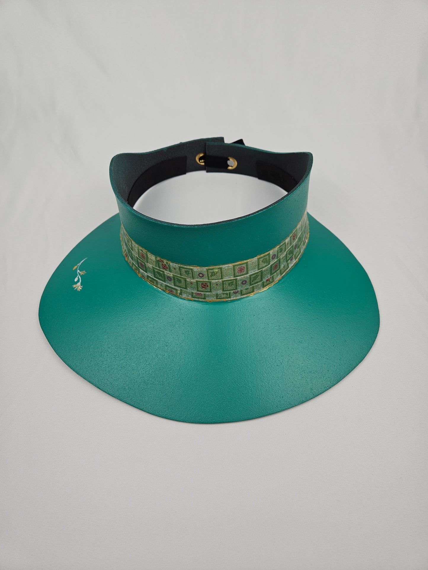 Emerald Green LadyEVA Visor Hat with Golden Band and Handpainted Floral Motif