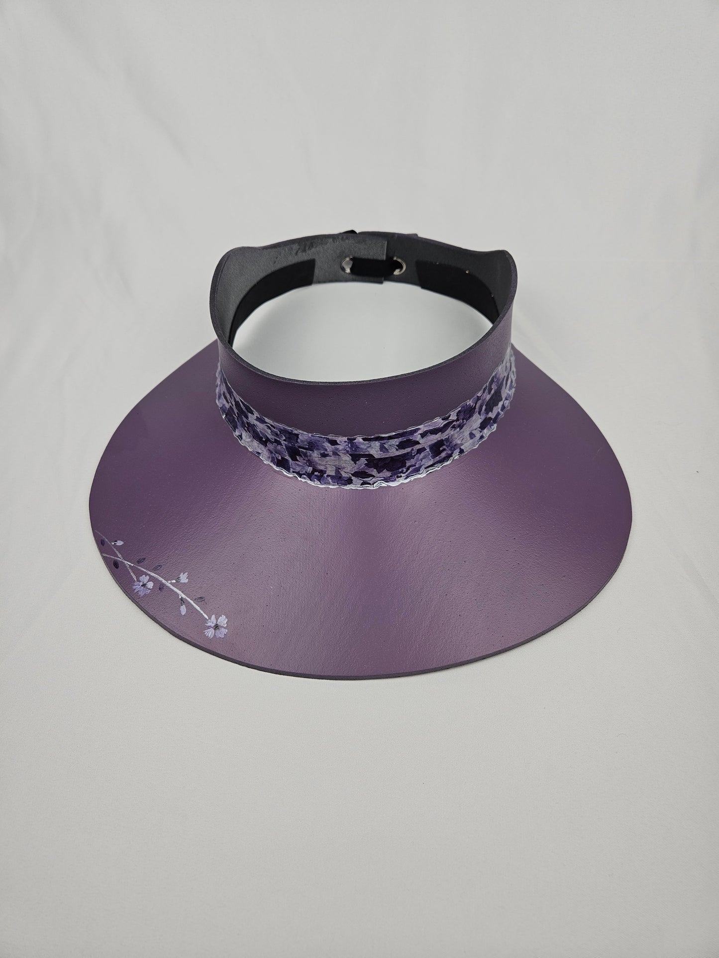 Trending Purple Audrey Foam Sun Visor Hat with Elegant Dark Purple Floral Band and Handpainted Floral Motif: Church, Brunch, Derby, Garden, Beach, Pool, Asian, No Headache