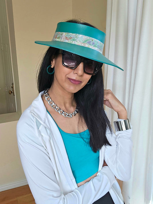Trending Emerald Green Audrey Foam Sun Visor Hat with Pastel Floral Band: Church, Brunch, Derby, Garden, Easter, Pool, Faux Leather, No Headache