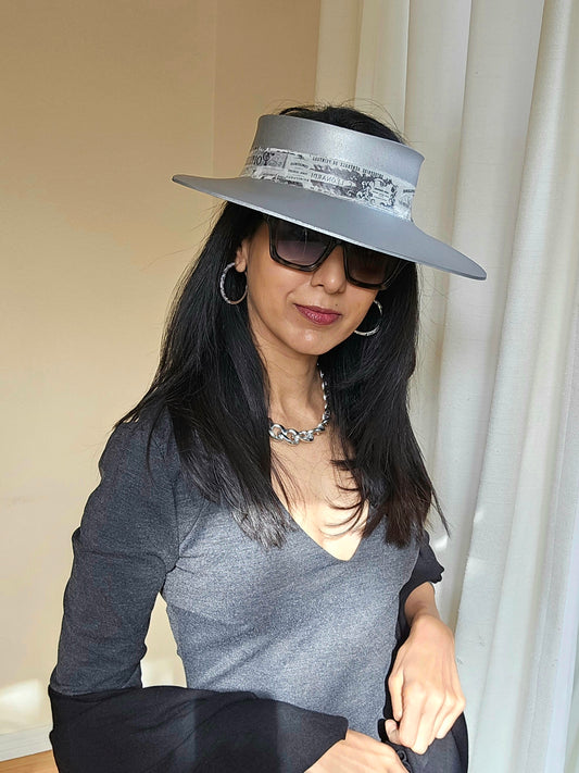 Trending Silver Audrey Foam Sun Visor Hat with French Themed Band: Church, Brunch, Derby, Garden, Golf, Pool, Faux Leather, No Headache