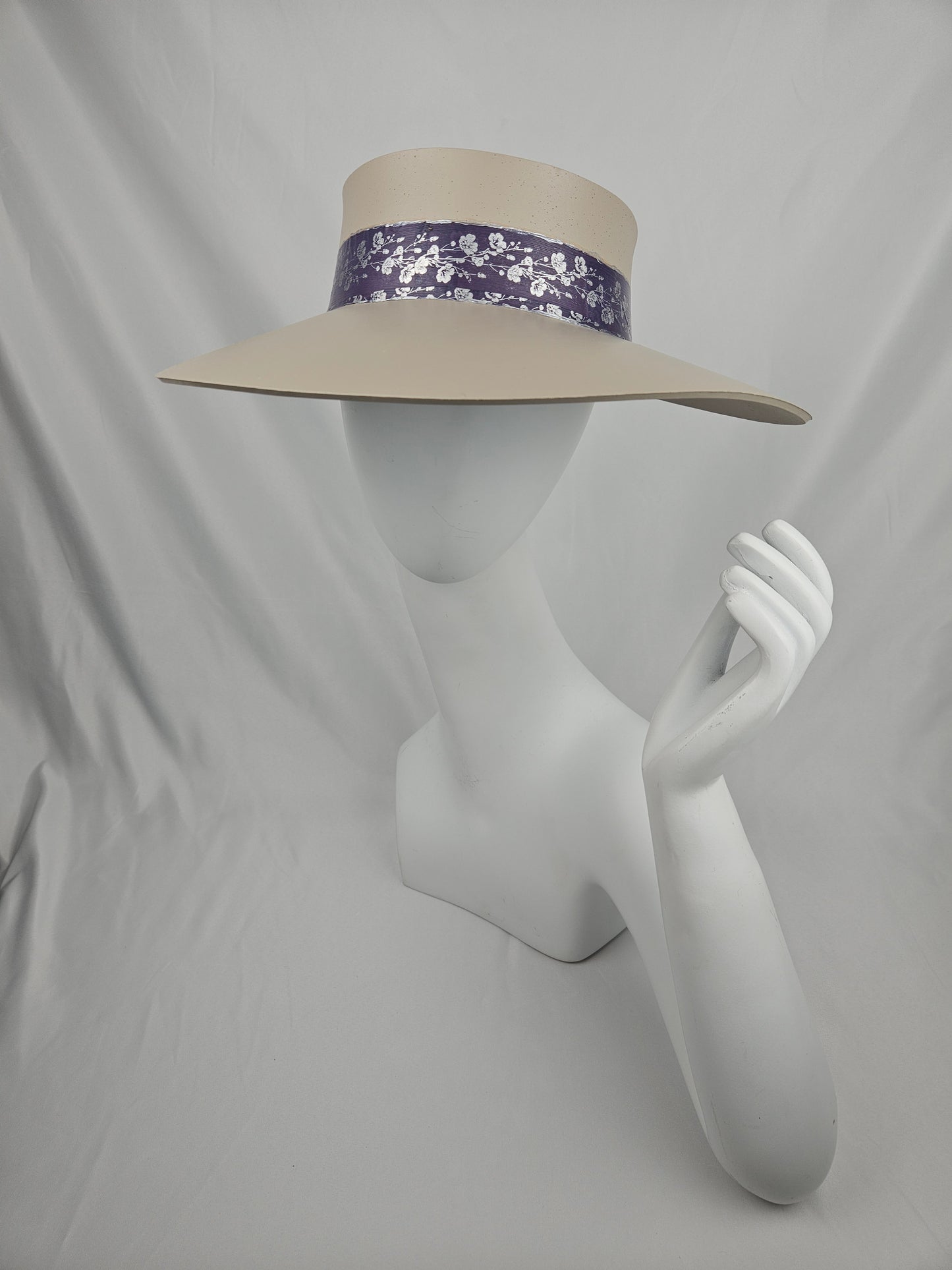 Truly Taupe Audrey Foam Sun Visor Hat with Purple/Blue/Silver Floral Band: Walks, Brunch, Swim, Garden, Golf, Easter, Faux Leather, Church, No Headache