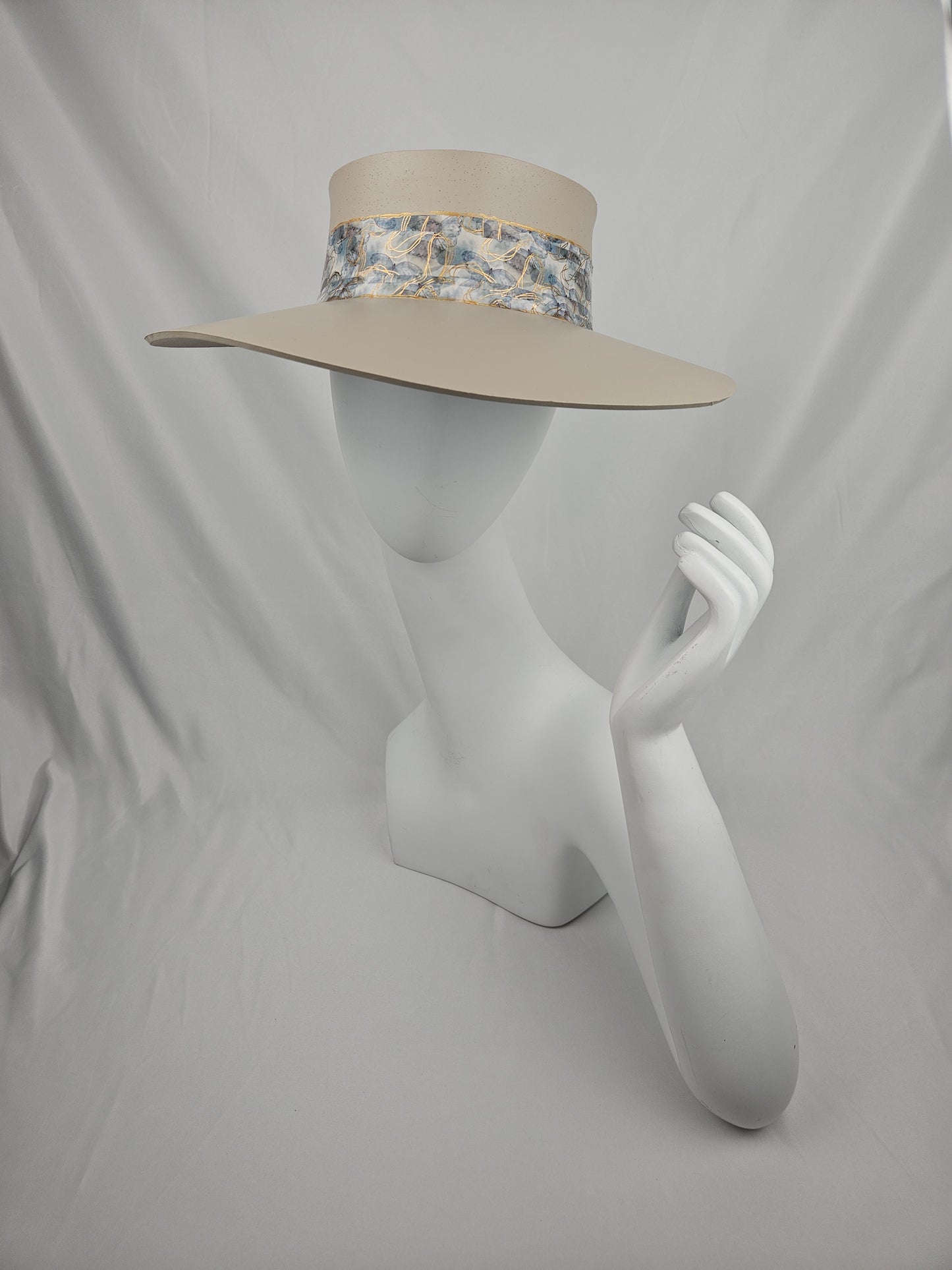 Tall Truly Taupe Audrey Foam Sun Visor Hat with Soft Blue Floral Band: Walks, Brunch, Swim, Garden, Golf, Easter, Faux Leather, Church, No Headache