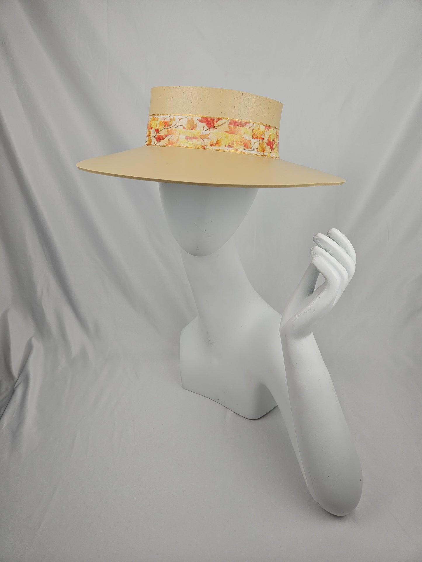 Beautiful Beige Audrey Cute Sun Visor Hat with Orange Leaf Band: Walks, Brunch, Swim, Garden, Golf, Tea, Church, No Headache