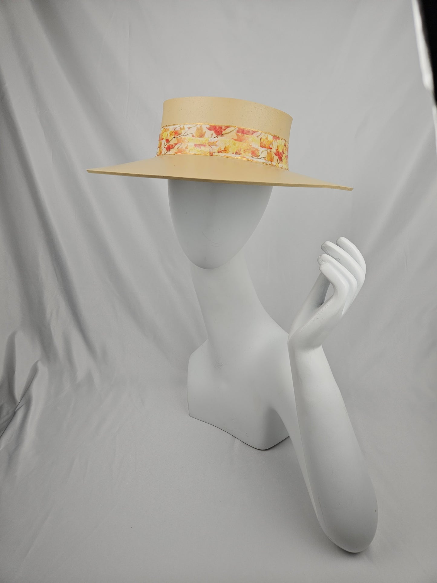 Beautiful Beige Audrey Cute Sun Visor Hat with Orange Leaf Band: Walks, Brunch, Swim, Garden, Golf, Tea, Church, No Headache