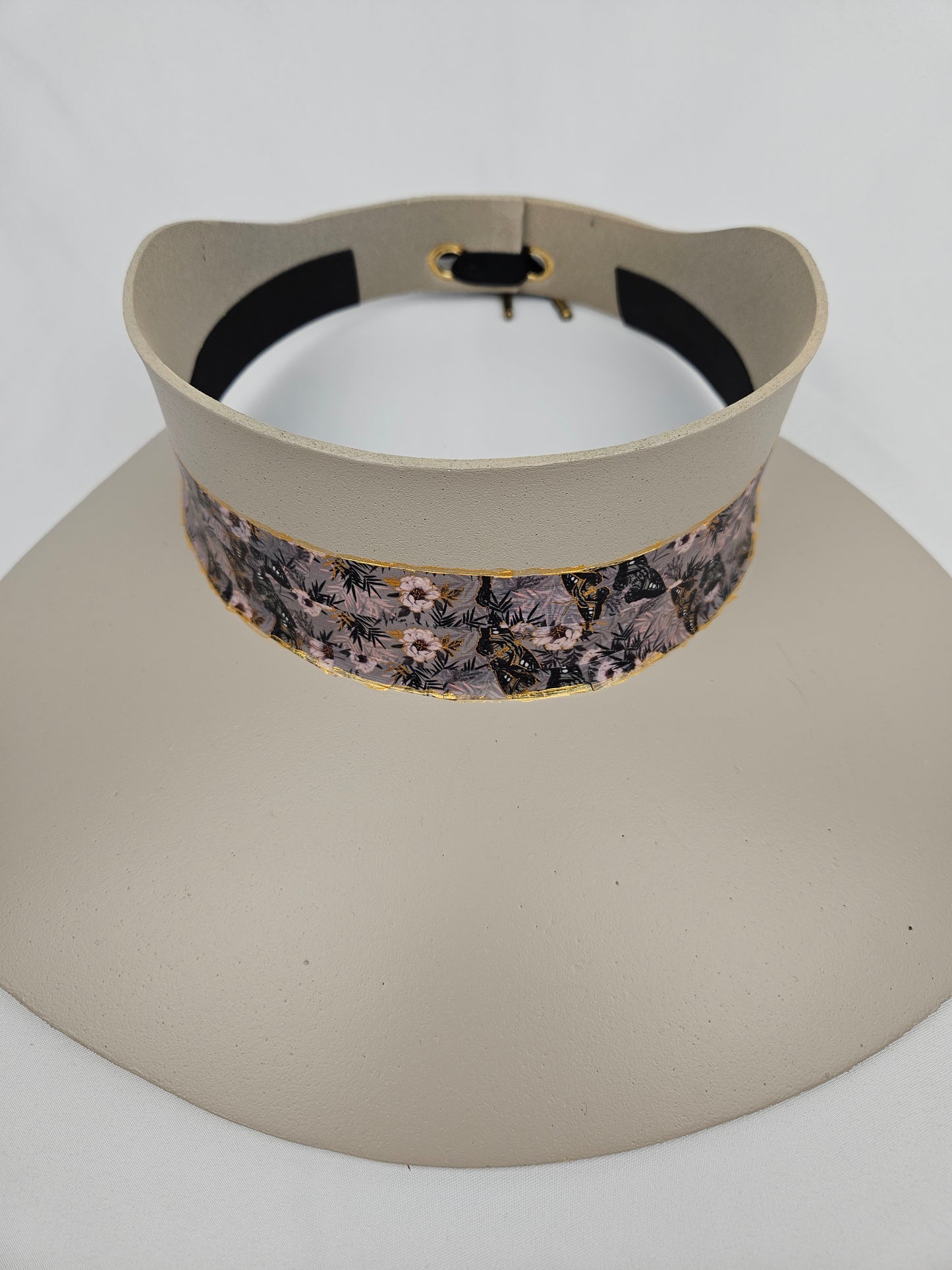 Truly Taupe Audrey Foam Sun Visor Hat with Elegant Light Pink and Lavender Floral Band: Walks, Brunch, Swim, Garden, Golf, Easter, Church, No Headache