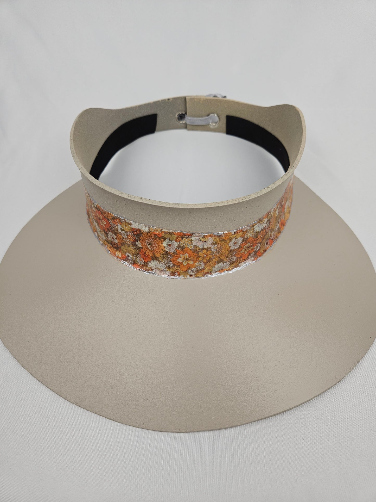 Truly Taupe Audrey Foam Sun Visor Hat with Orange Floral Band: Walks, Brunch, Swim, Garden, Golf, Easter, Church, No Headache