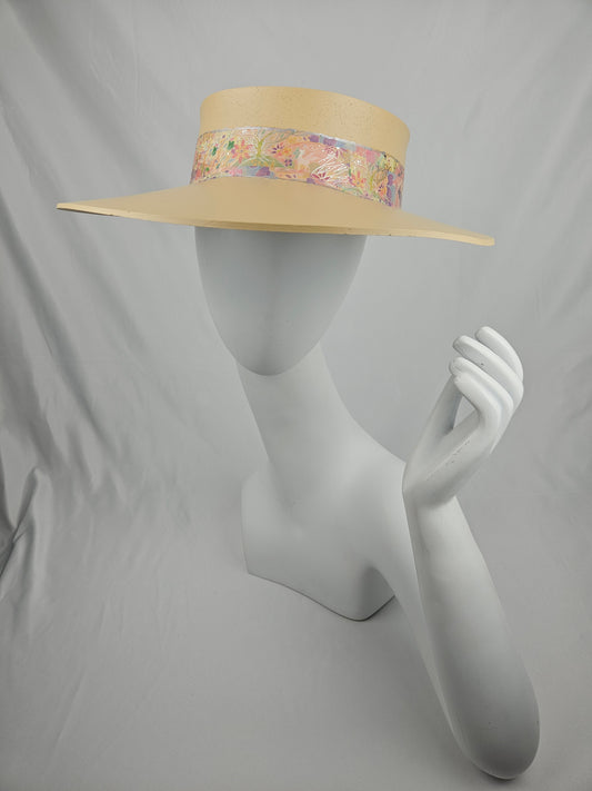 Beautiful Beige Audrey Foam Sun Visor Hat with Multicolor Pastel Floral Band: Walks, Brunch, Swim, Garden, Golf, Easter, Church, No Headache