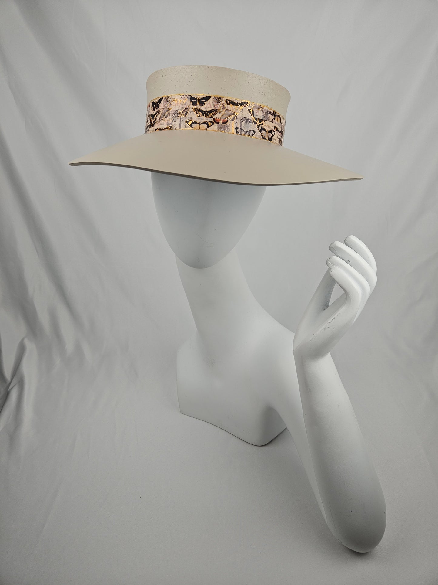 Truly Taupe Audrey Foam Sun Visor Hat with Pink Butterfly Band: Walks, Brunch, Swim, Garden, Golf, Easter, Church, No Headache