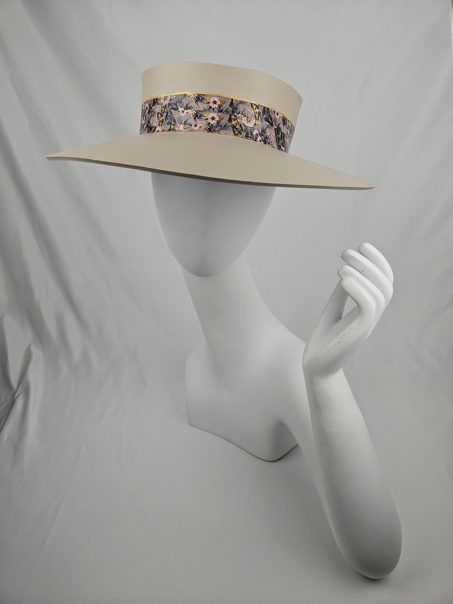 Truly Taupe Audrey Foam Sun Visor Hat with Elegant Light Pink and Lavender Floral Band: Walks, Brunch, Swim, Garden, Golf, Easter, Church, No Headache