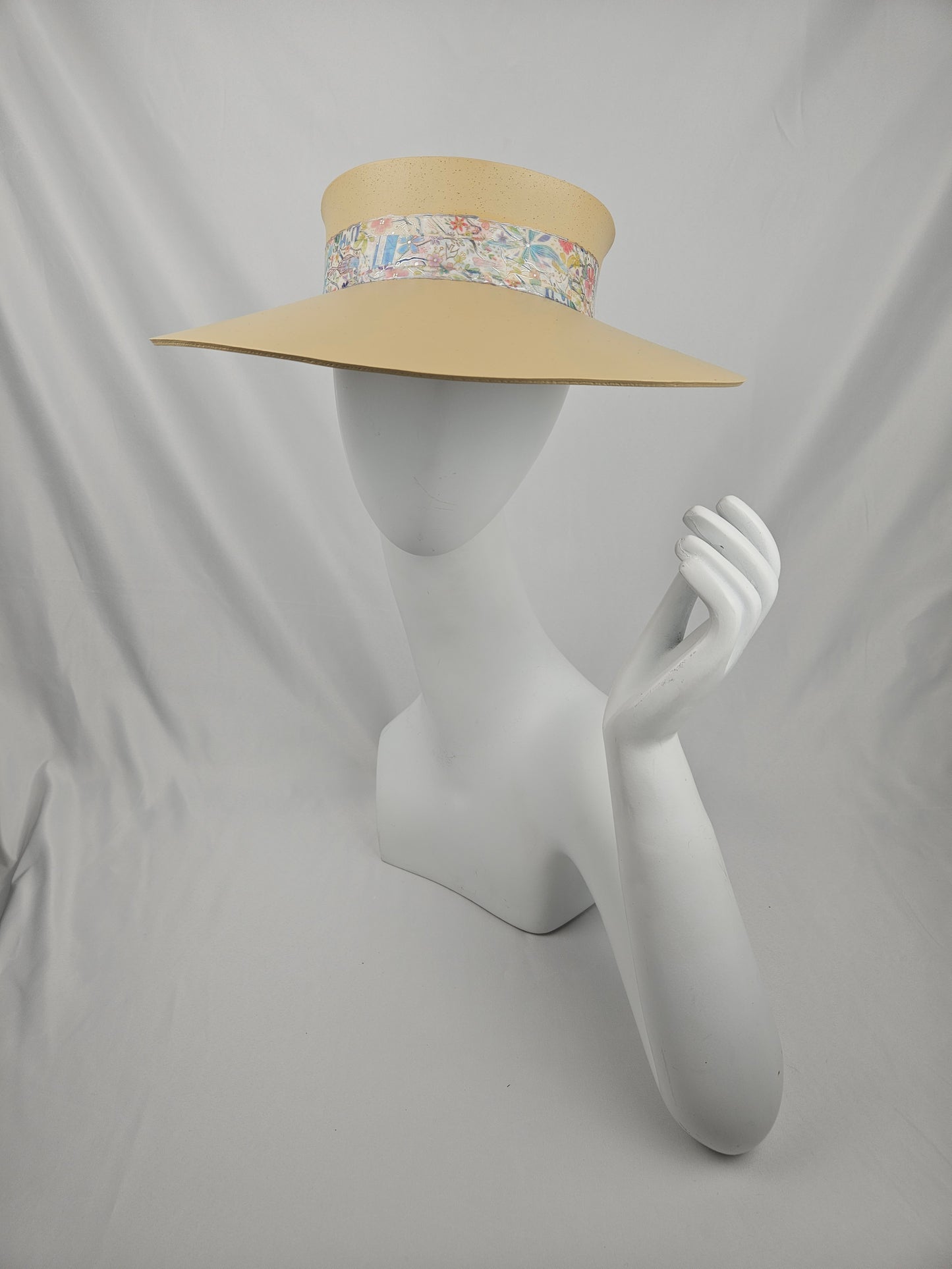 Beautiful Beige Audrey Cute Sun Visor Hat with Pastel Multicolor Floral Band: Walks, Brunch, Tea, Garden, Golf, Summer, Church, No Headache