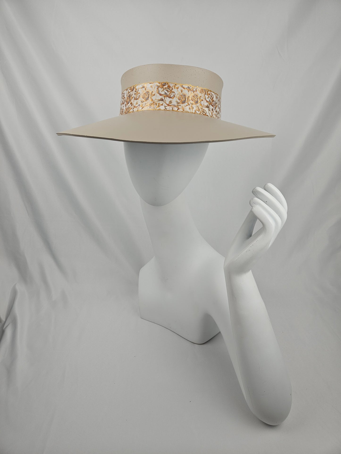 Truly Taupe Audrey Foam Sun Visor Hat with Golden Floral Band: Walks, Brunch, Tea, Garden, Golf, Easter, Church, No Headache