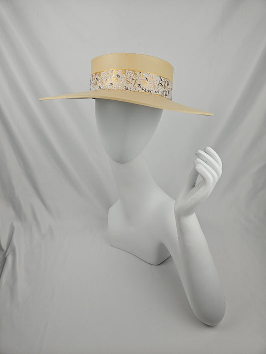 Beige "LadyEVA" Visor Hat with Golden White Floral Band