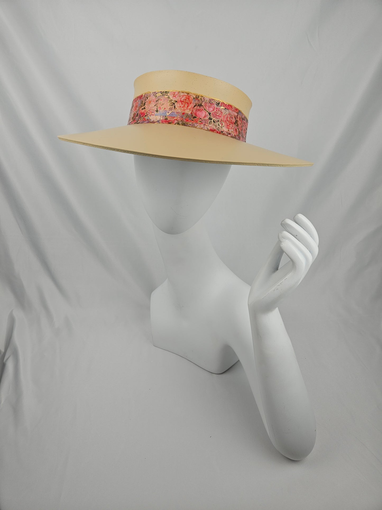 Beautiful Beige Audrey Cute Sun Visor Hat with Pink and Red Floral Band: Walks, Brunch, Tea, Garden, Golf, Summer, Church, No Headache